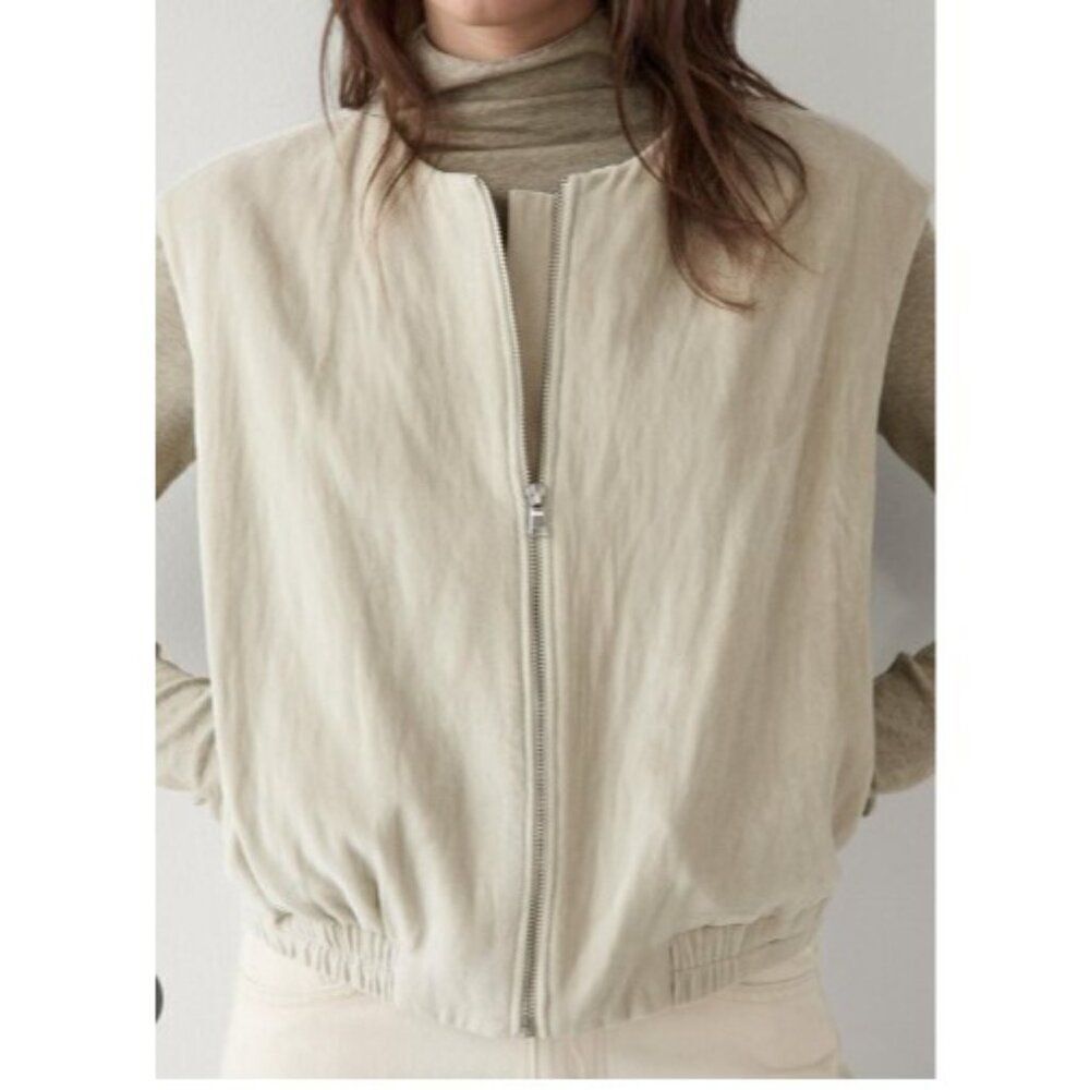 Massimo Dutti Womens Velvet Bomber Vest XS Beige Full Zip Natural 6040/528 NWT